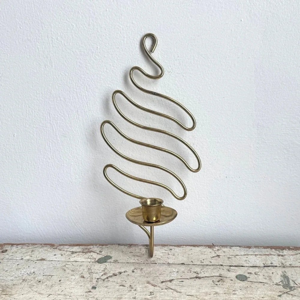 Vintage Brass Wavy Wire Wall Sconce Zig Zag Taper Candle Holder MCM Abstract